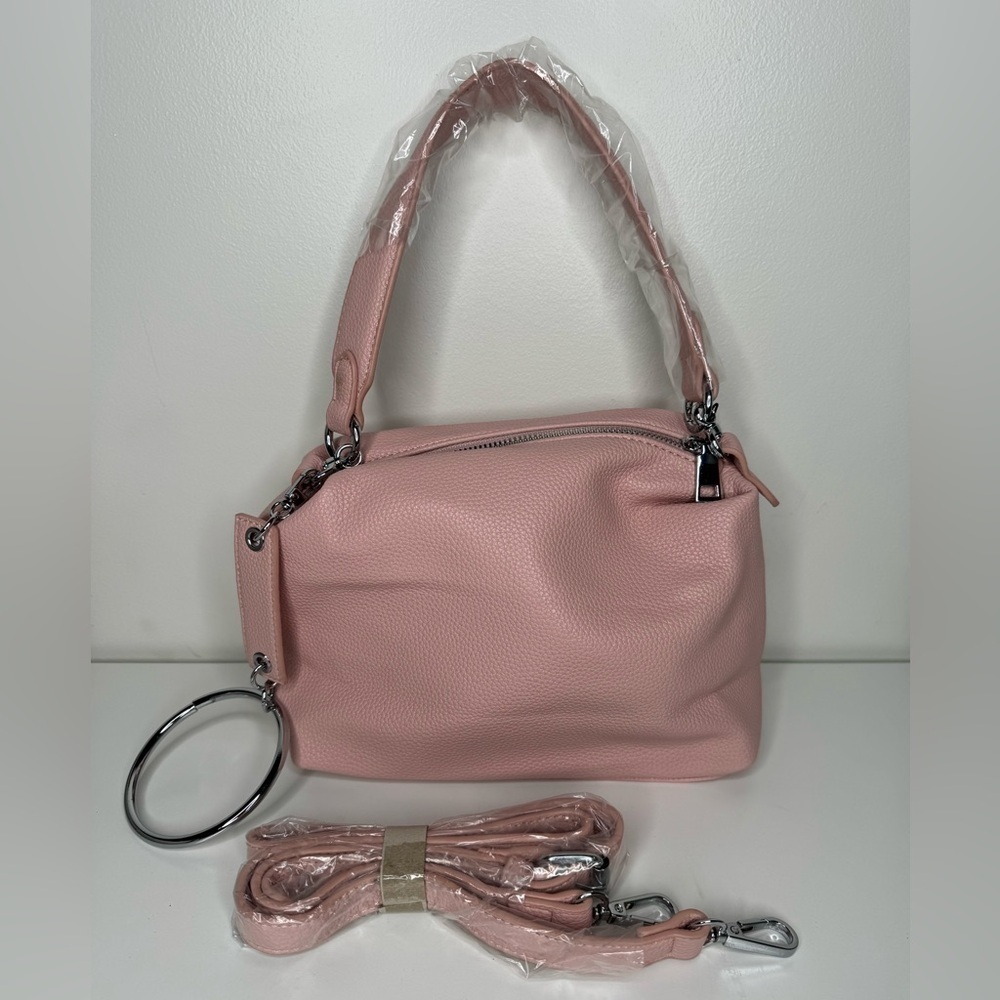 NWT Pink Woven Vegan Pebbled Leather Shoulder Bag with Additional Strap - Picture 4 of 6